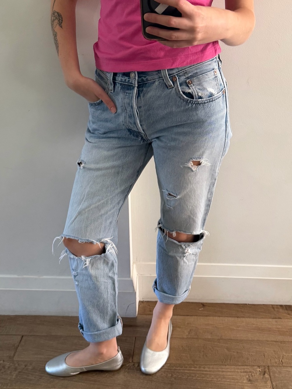 Levi's 501 light wash distressed denim jeans